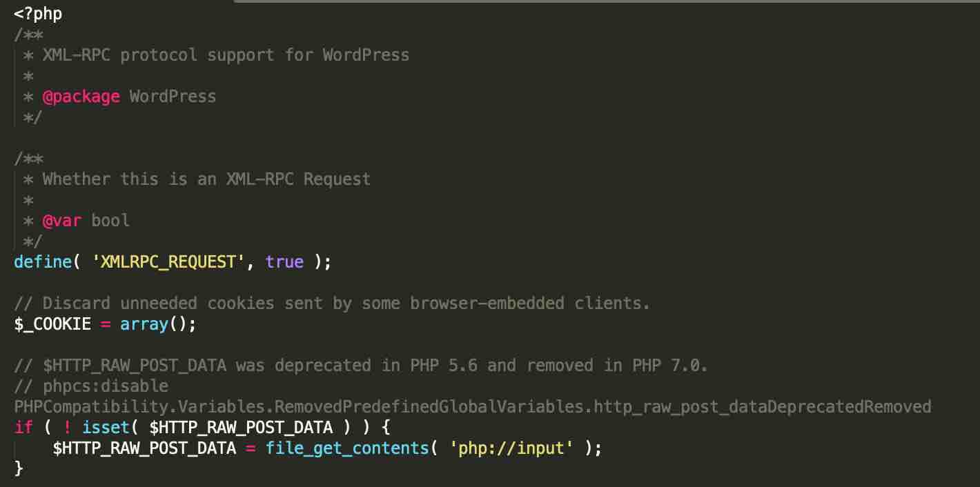 Un aperçu du contenu du fichier xmlrpc.php de WordPress.