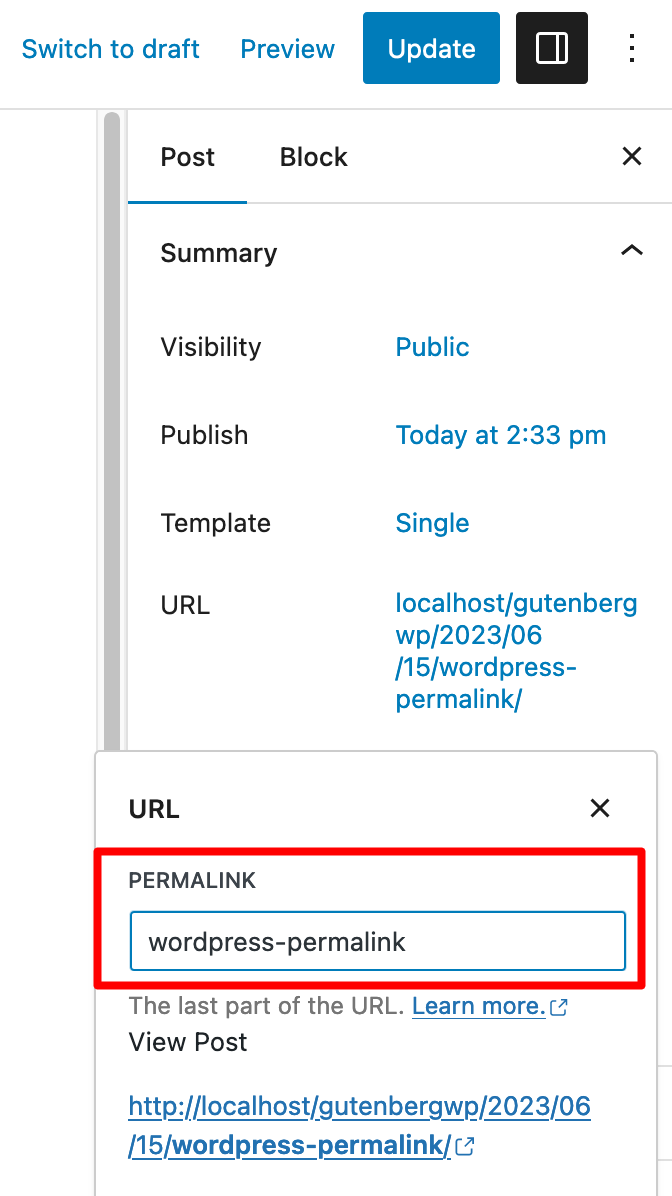 Changing the permalink of a post or page with Gutenberg.