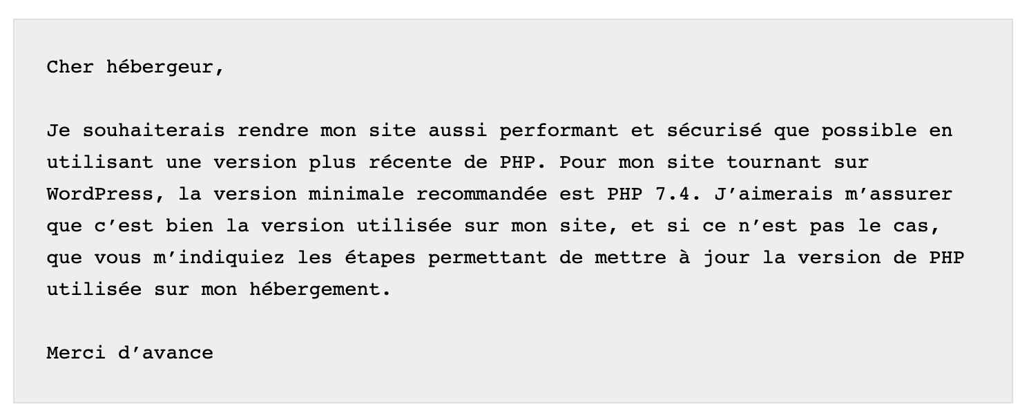 Un exemple d'e-mail à envoyer à votre hébergeur pour mettre à jour votre version de PHP.