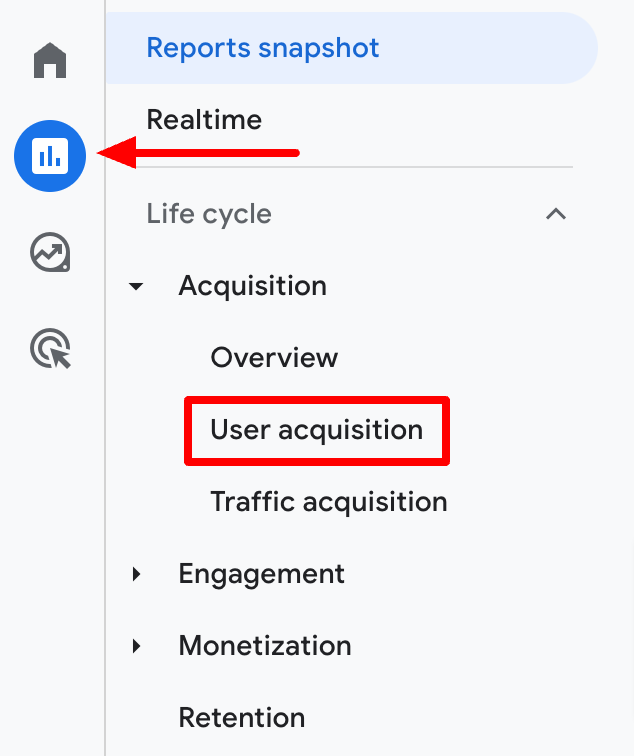 The user acquisition tab in Google Analytics 4.