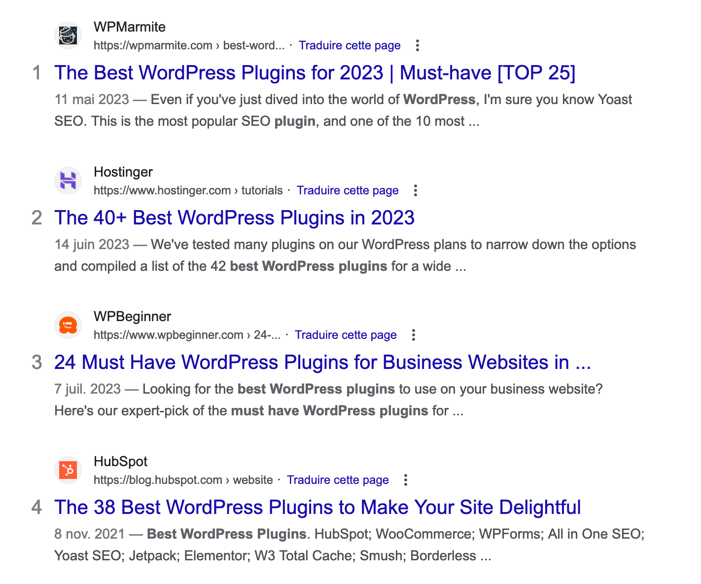 Google Search results for "WordPress plugins."