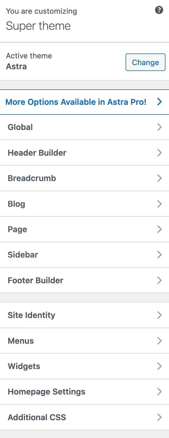 The customization options for the Astra Theme in the WordPress customization tool.