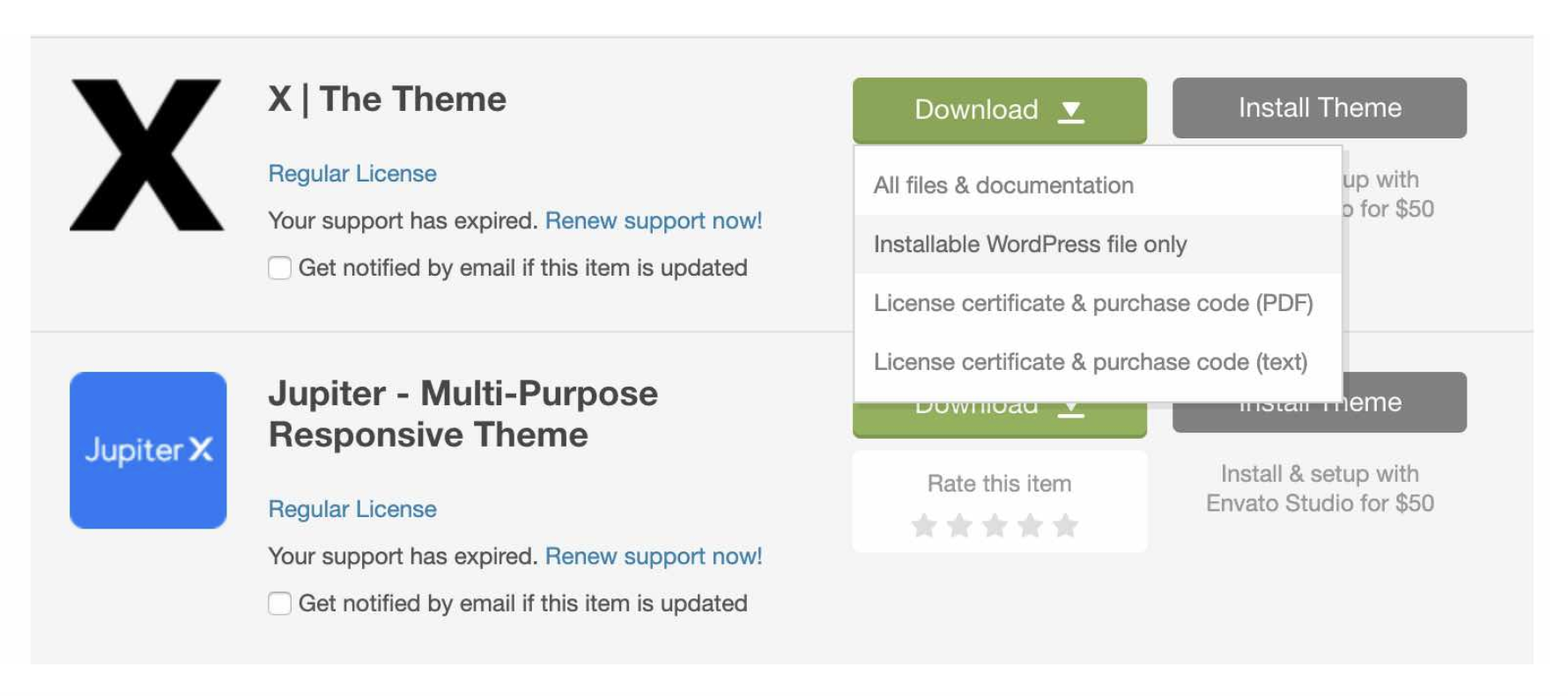 Themeforest allows you to download an installable WordPress file.