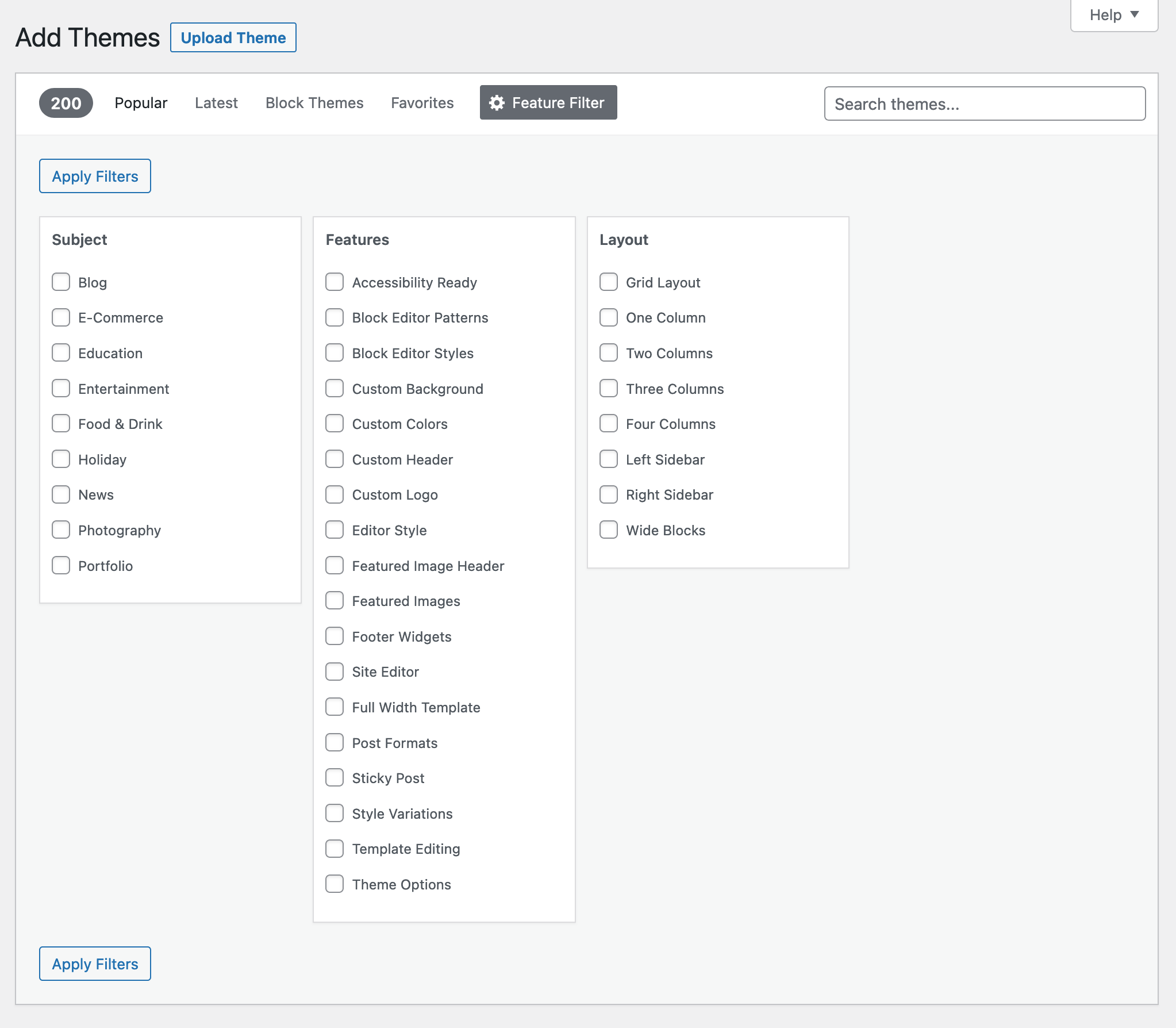 WordPress allows you to filter themes by features.