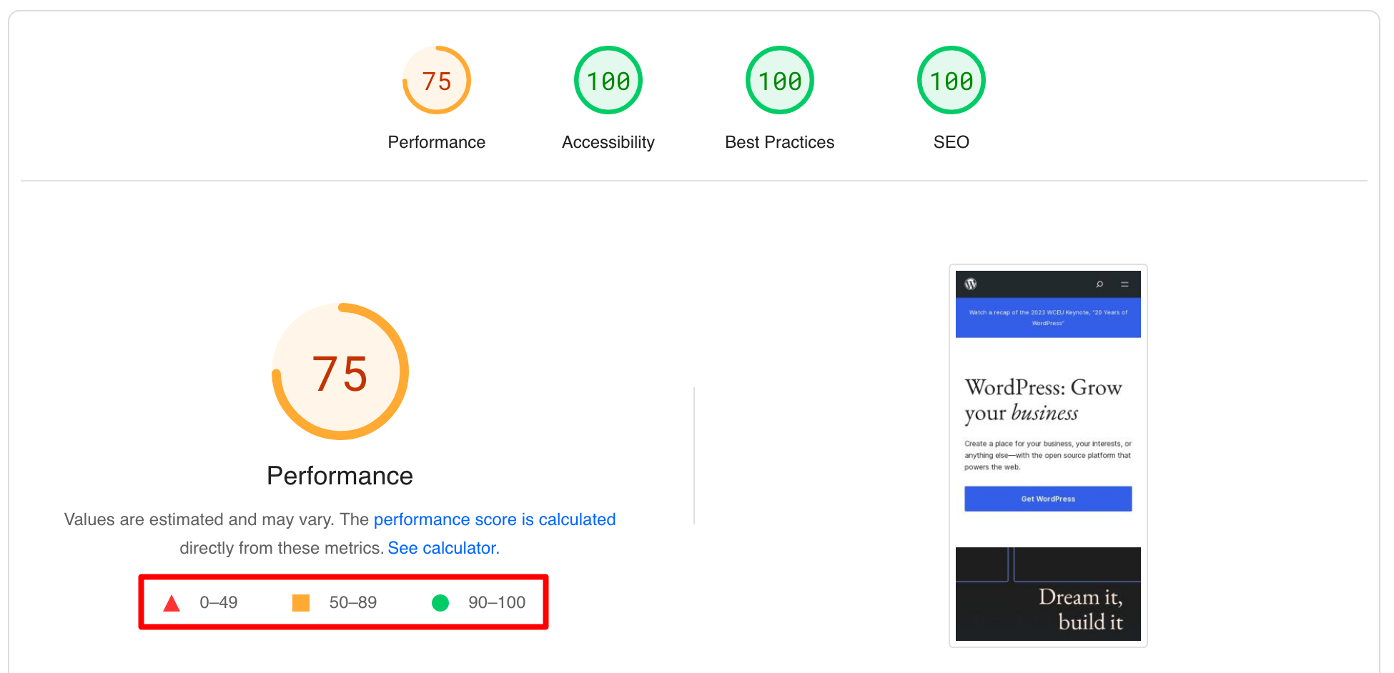 PageSpeed Insights gives your page a score for performance, accessibility, best practices, and SEO.