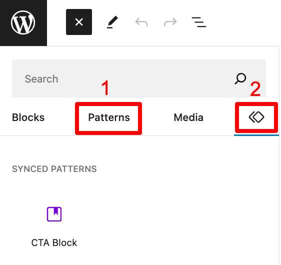 The WordPress content editor has a tab for inserting block patterns.