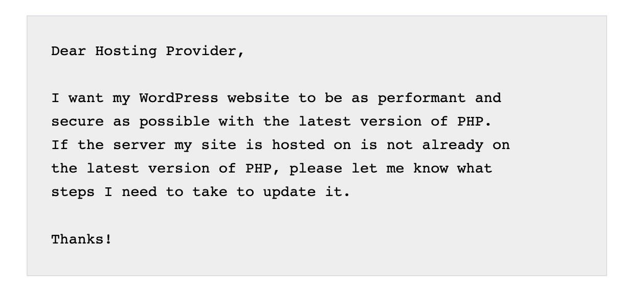An example email you could send to your hosting provider to request a PHP update.