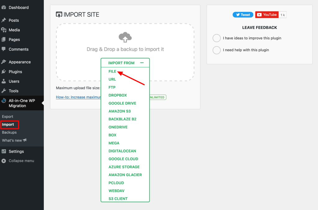 Importing a file with the All-in-One WP Migration plugin.