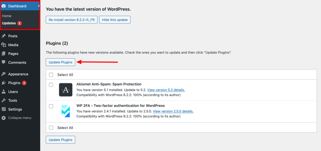 Updating plugins on WordPress.