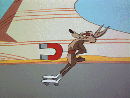 A coyote uses a magnet to roller skate.