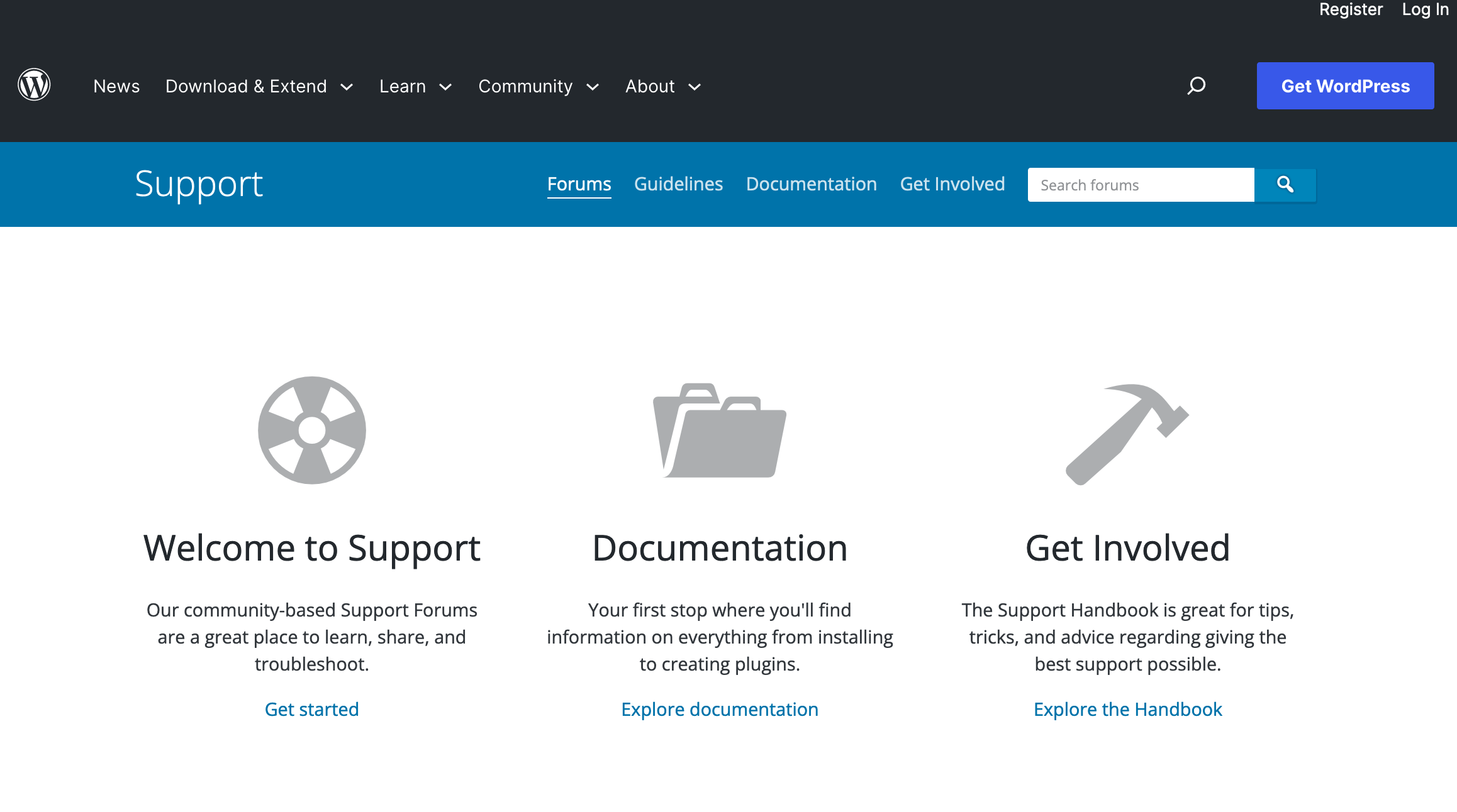 The official WordPress documentation and support page.