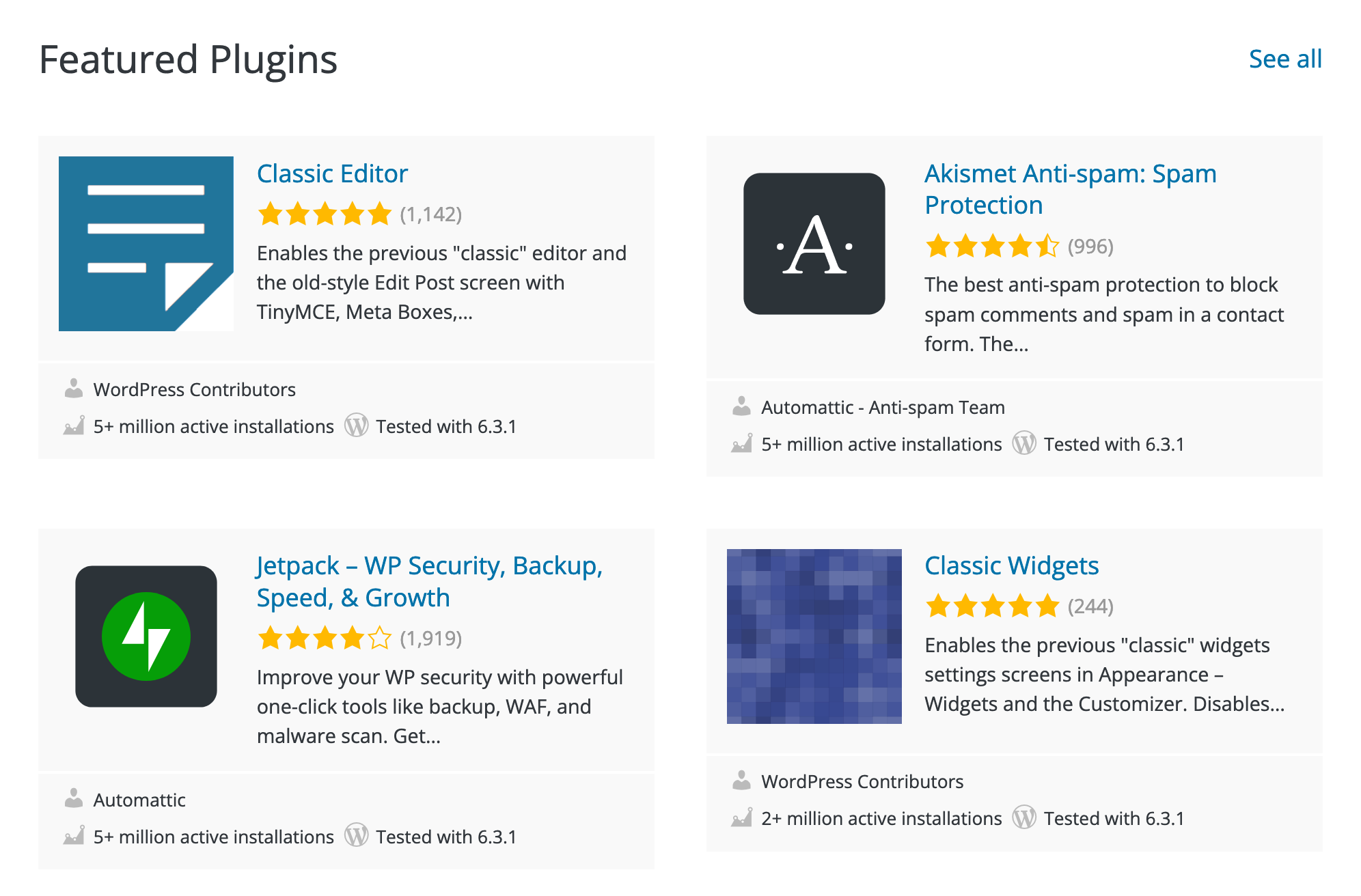 Featured plugins in the official WordPress plugin directory.