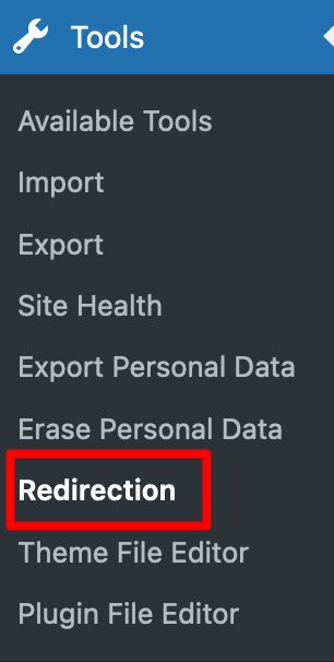 The settings for the Redirection plugin are found in the WordPress menu.