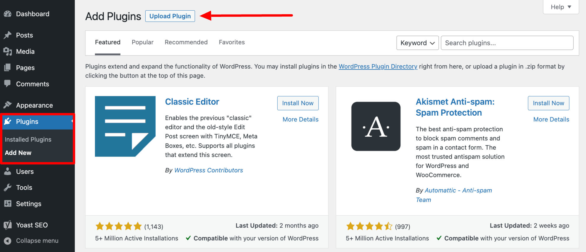 You can install plugins by uploading them to the WordPress admin interface.