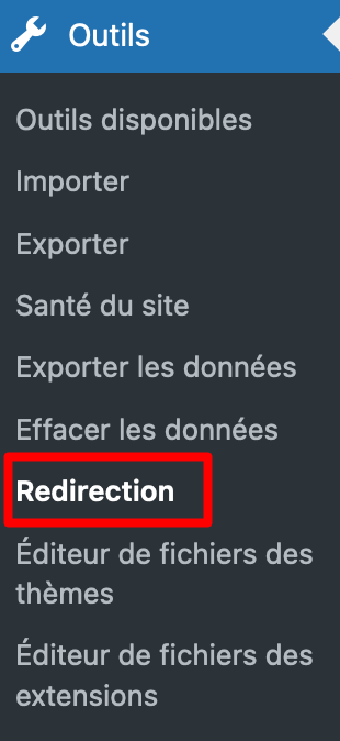 Redirection propose des réglages dans le menu Outils de WordPress. 
