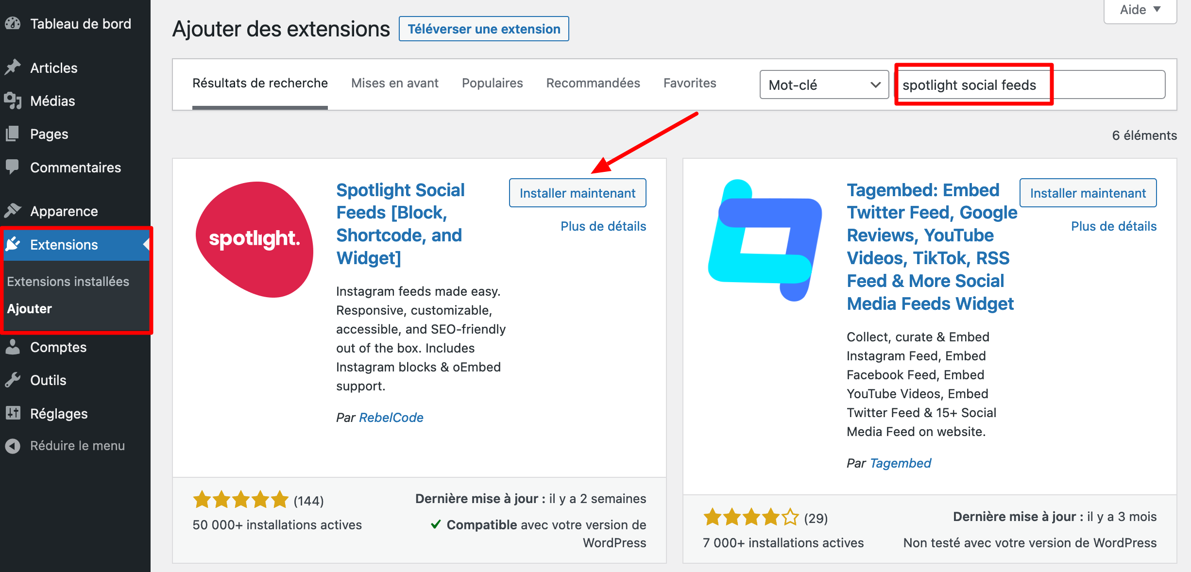 Ajout de l'extension Spotlight Social Feeds sur WordPress.