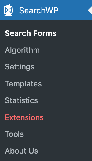Le menu de l'extension SearchWP dans la barre latérale de WordPress. 
