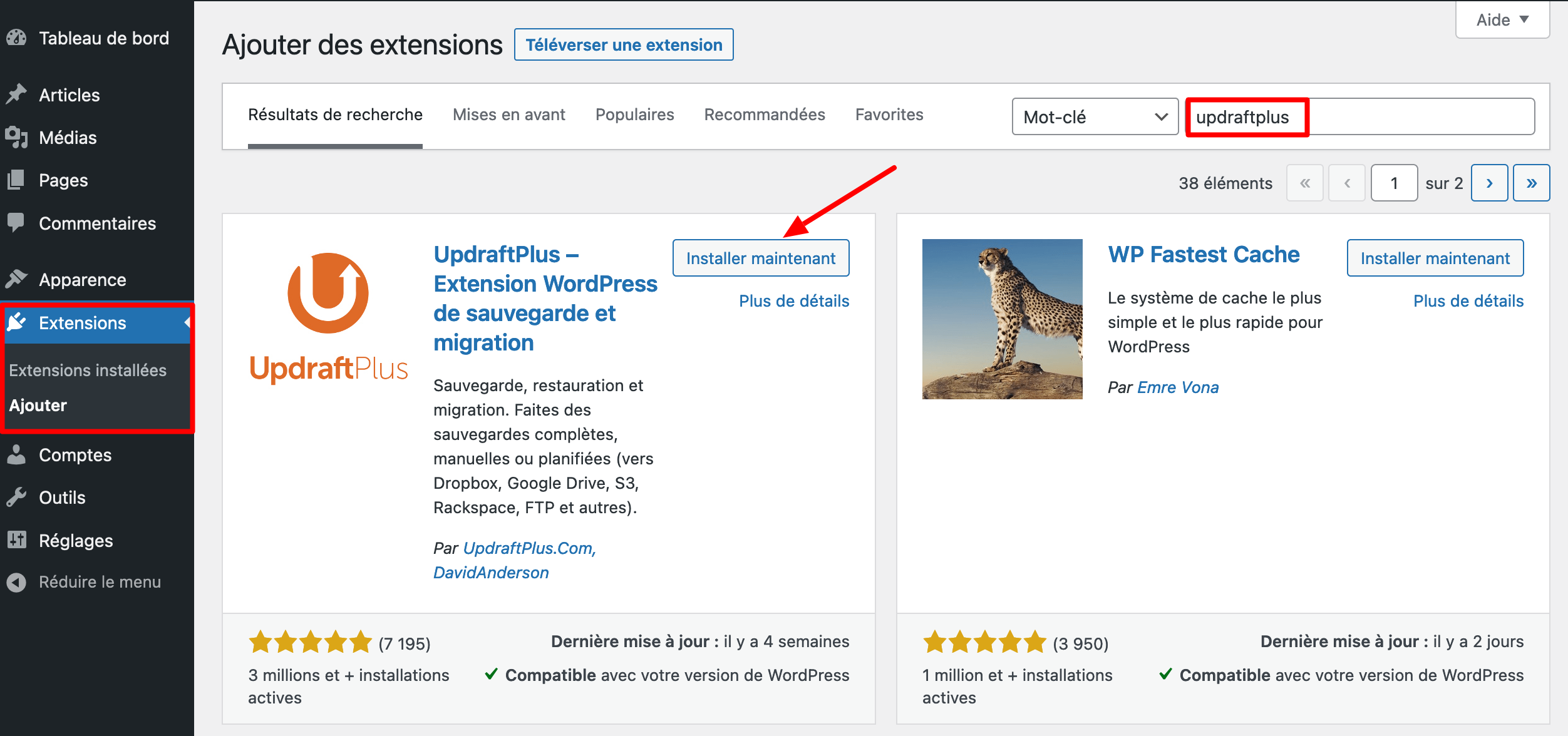 Installation du plugin UpdraftPlus sur le back office de WordPress. 