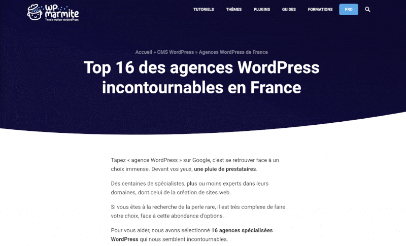 La page Agence WordPress de WPMarmite