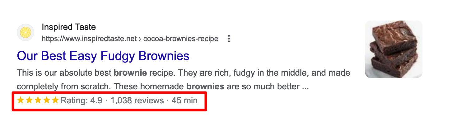 A rich snippet on the SERP for "brownie recipe."