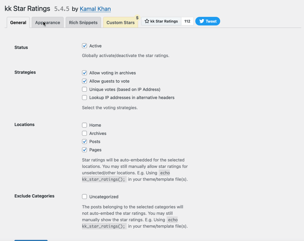The settings menu for kk Star Ratings.