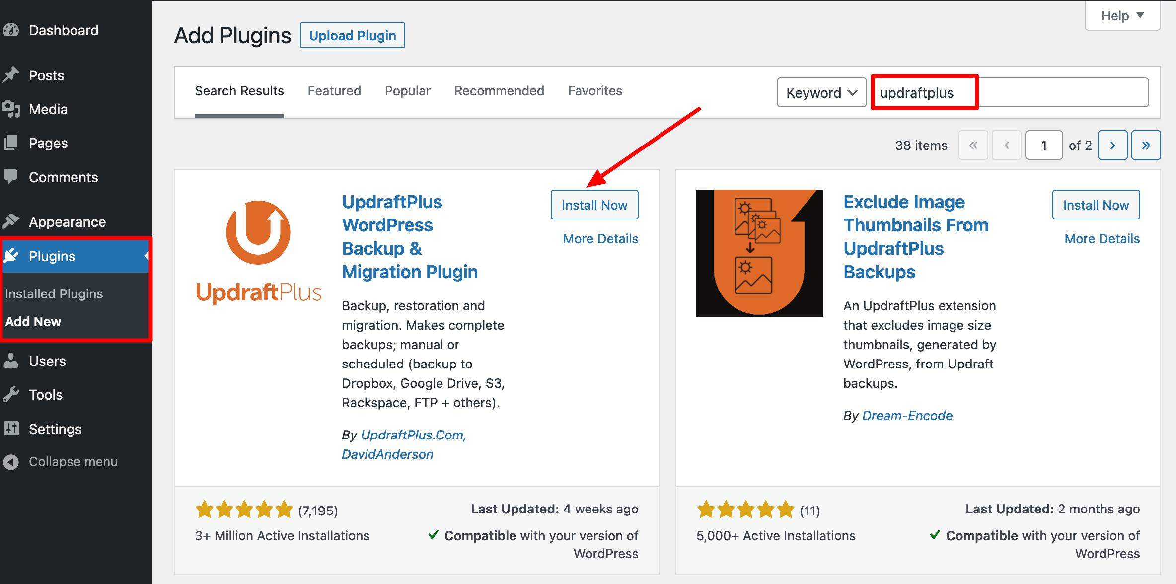 Installation of the UpdraftPlus plugin from the WordPress dashboard.