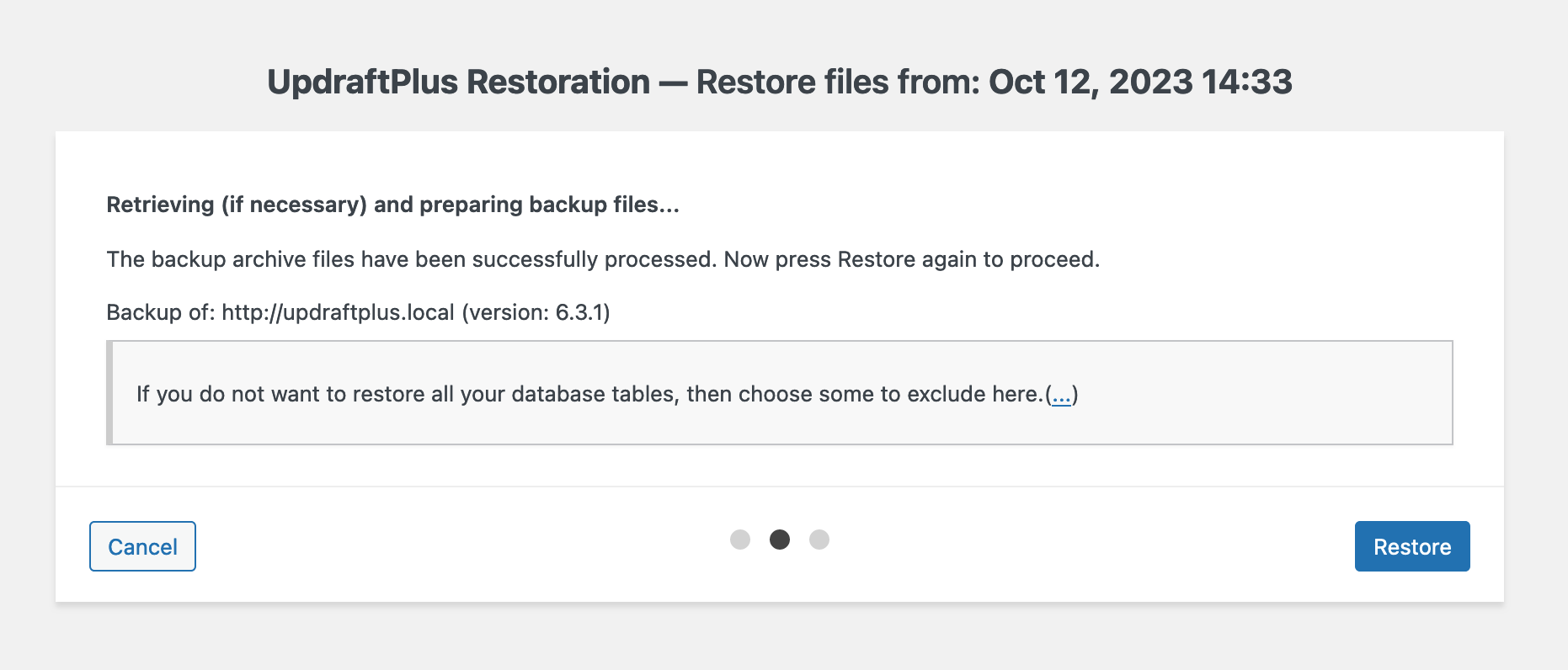 Restoring files with UpdraftPlus.