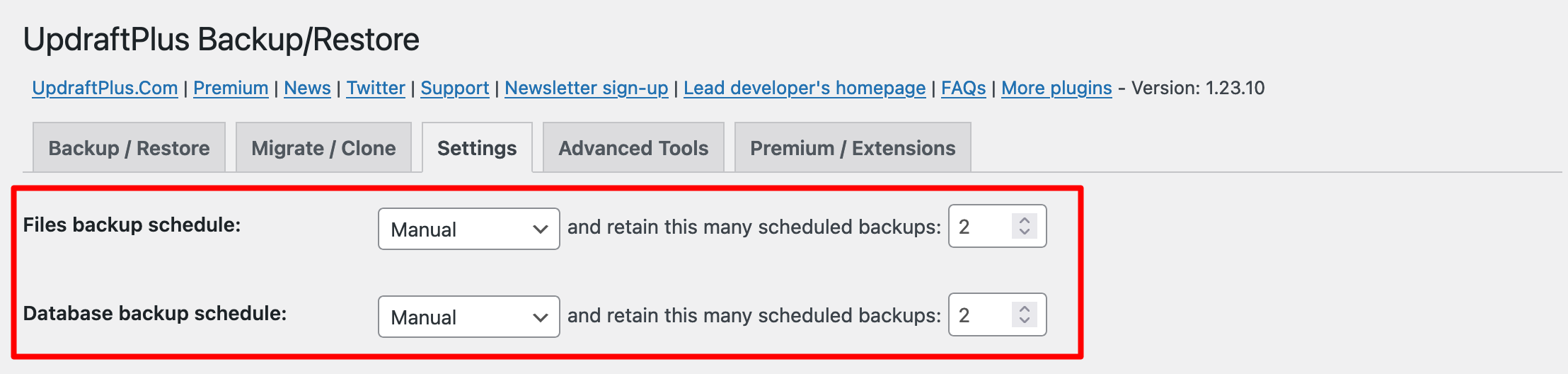 Scheduling backups with UpdraftPlus.