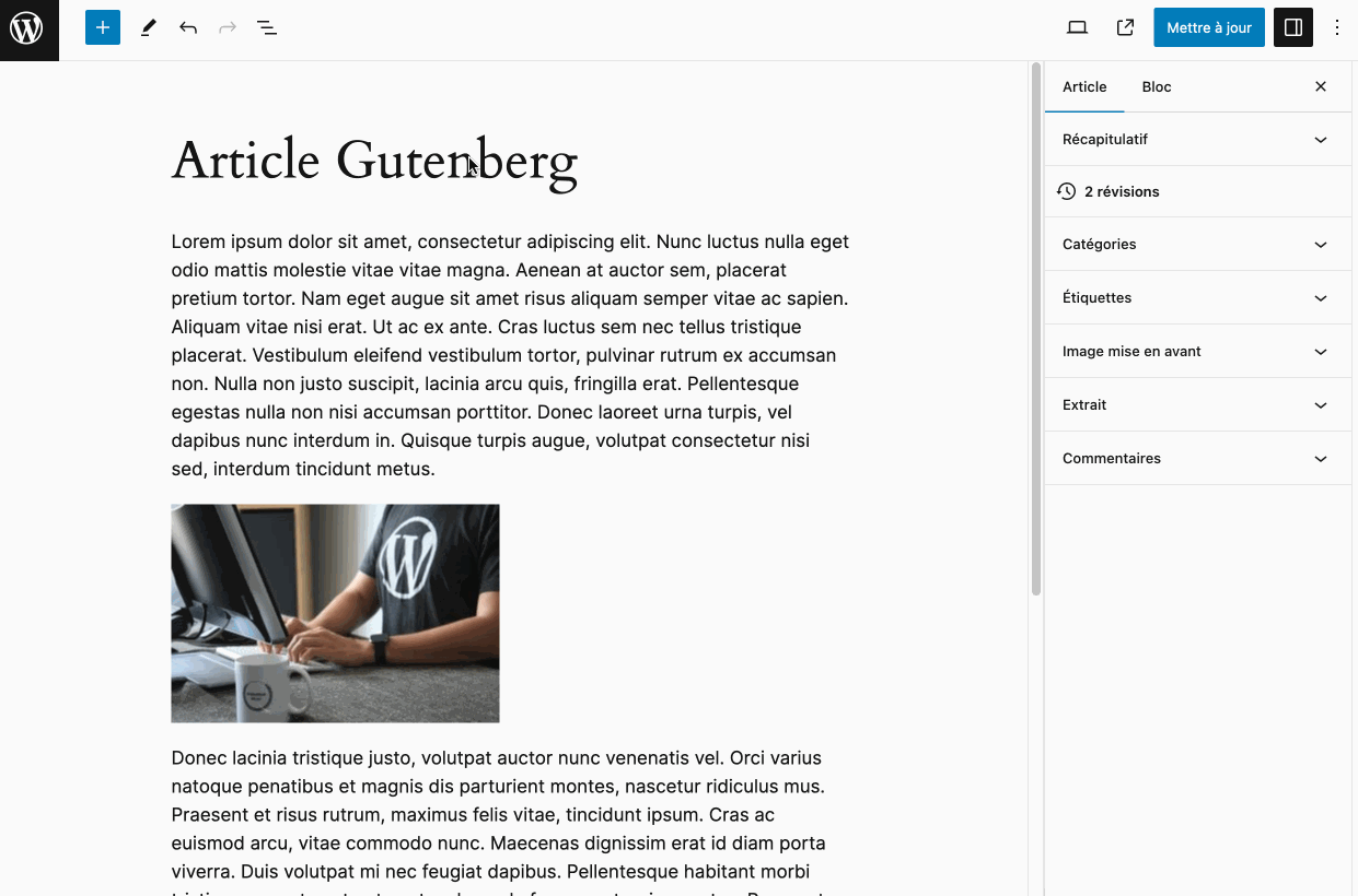 Édition d'un bloc sur Gutenberg.
