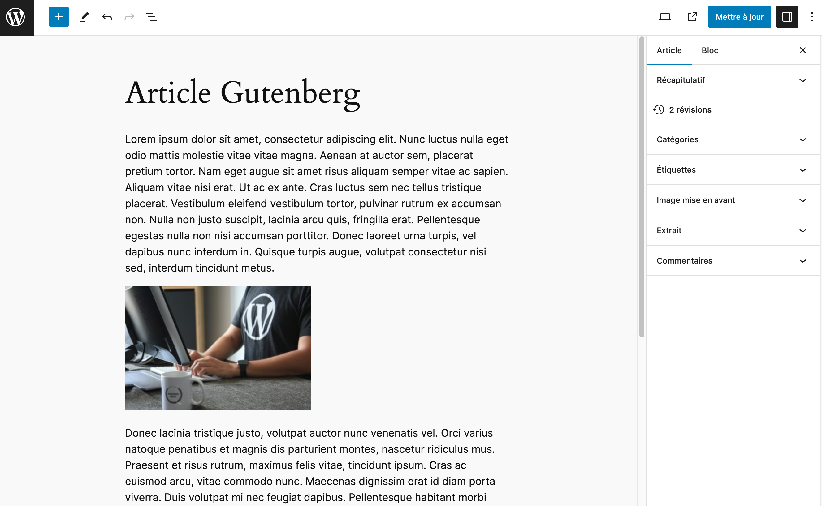 L'interface de l'éditeur Gutenberg après le passage depuis l'éditeur classique.
