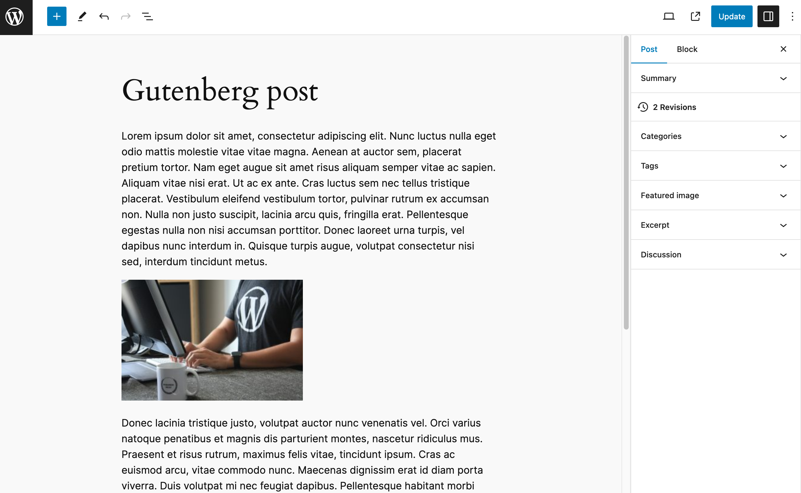 The interface of the Gutenberg content editor after switching from the classic editor.