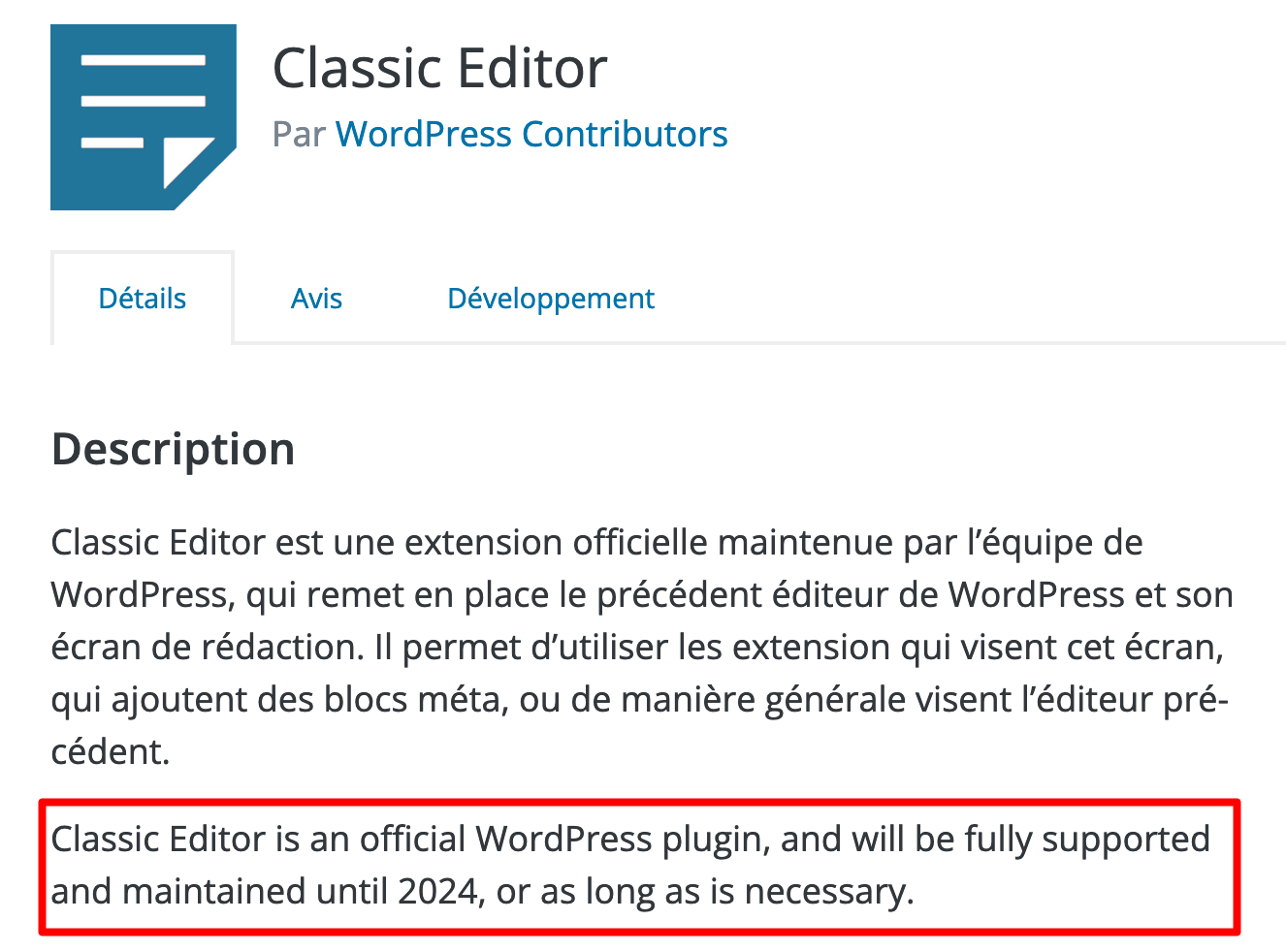 L'extension Classic Editor pourrait ne plus être maintenue à partir de 2024. 