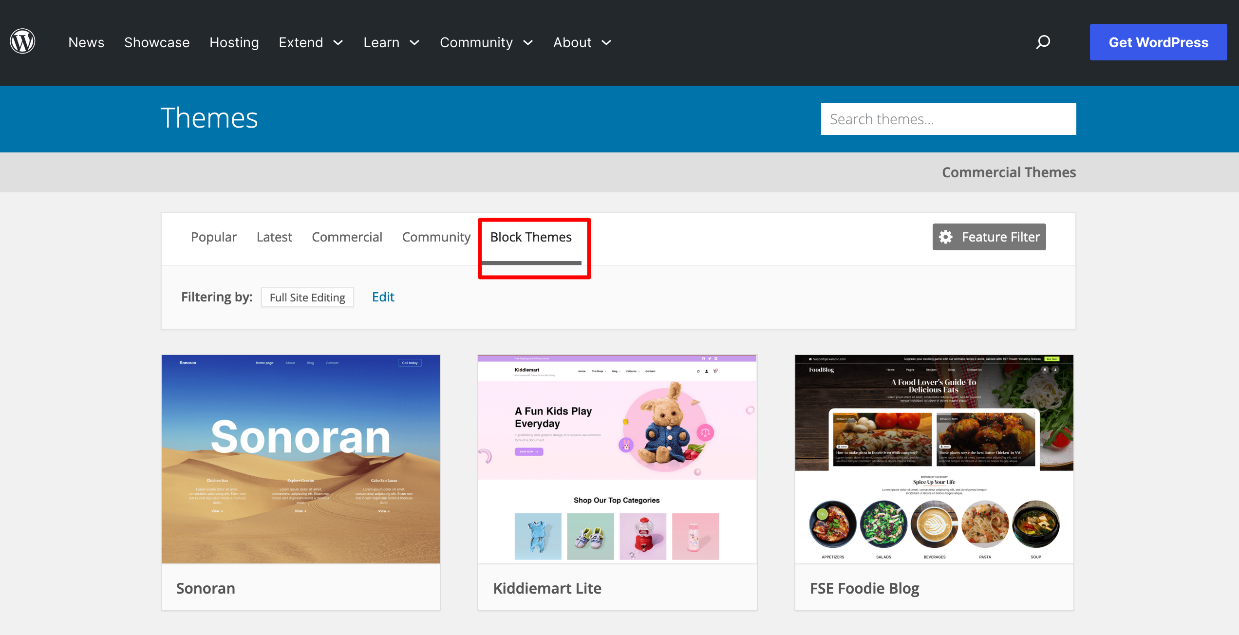 Block themes in the official WordPress directory.