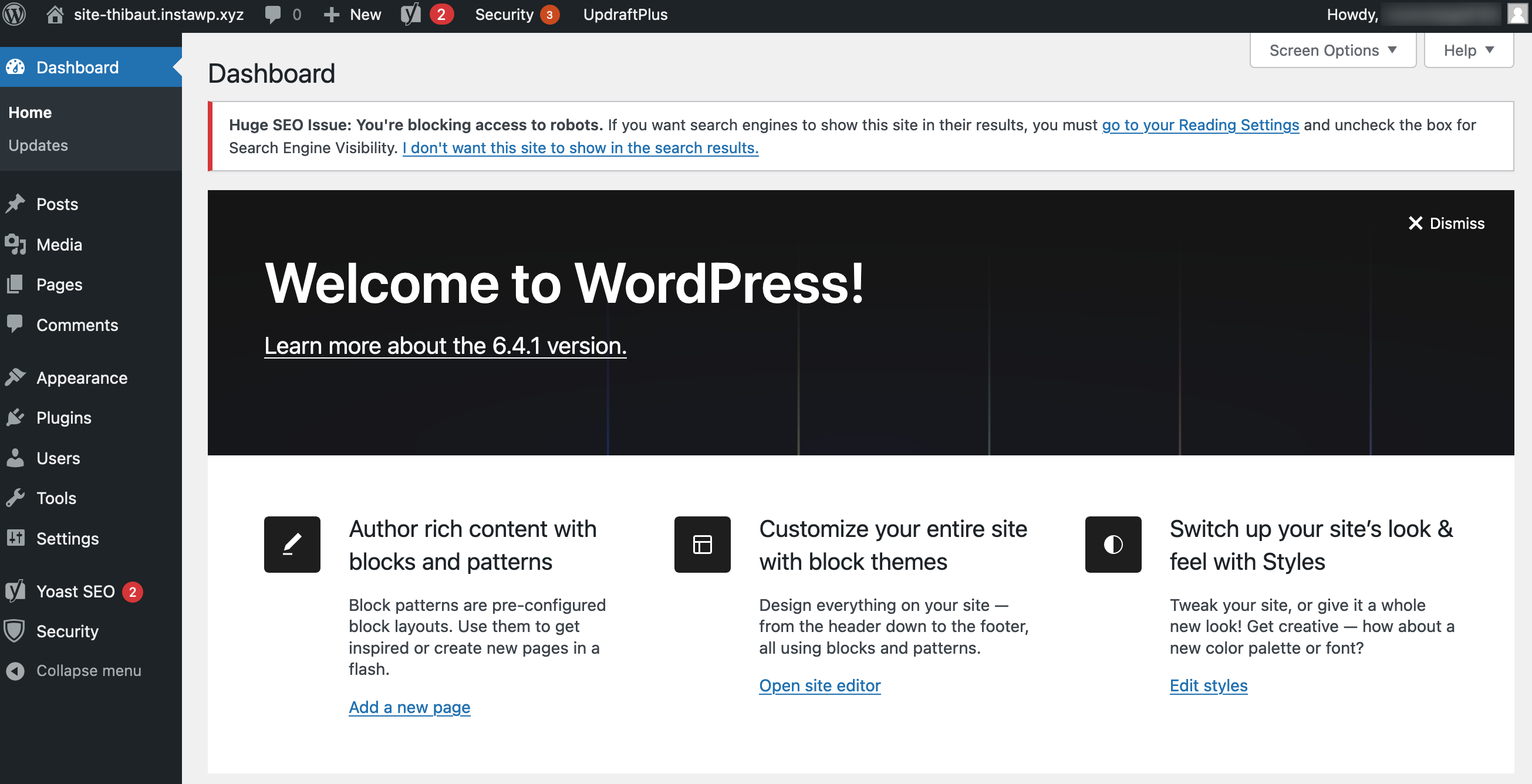Tableau de bord d'un site WordPress créé avec InstaWP.