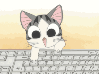 A cartoon cat types on a keyboard.