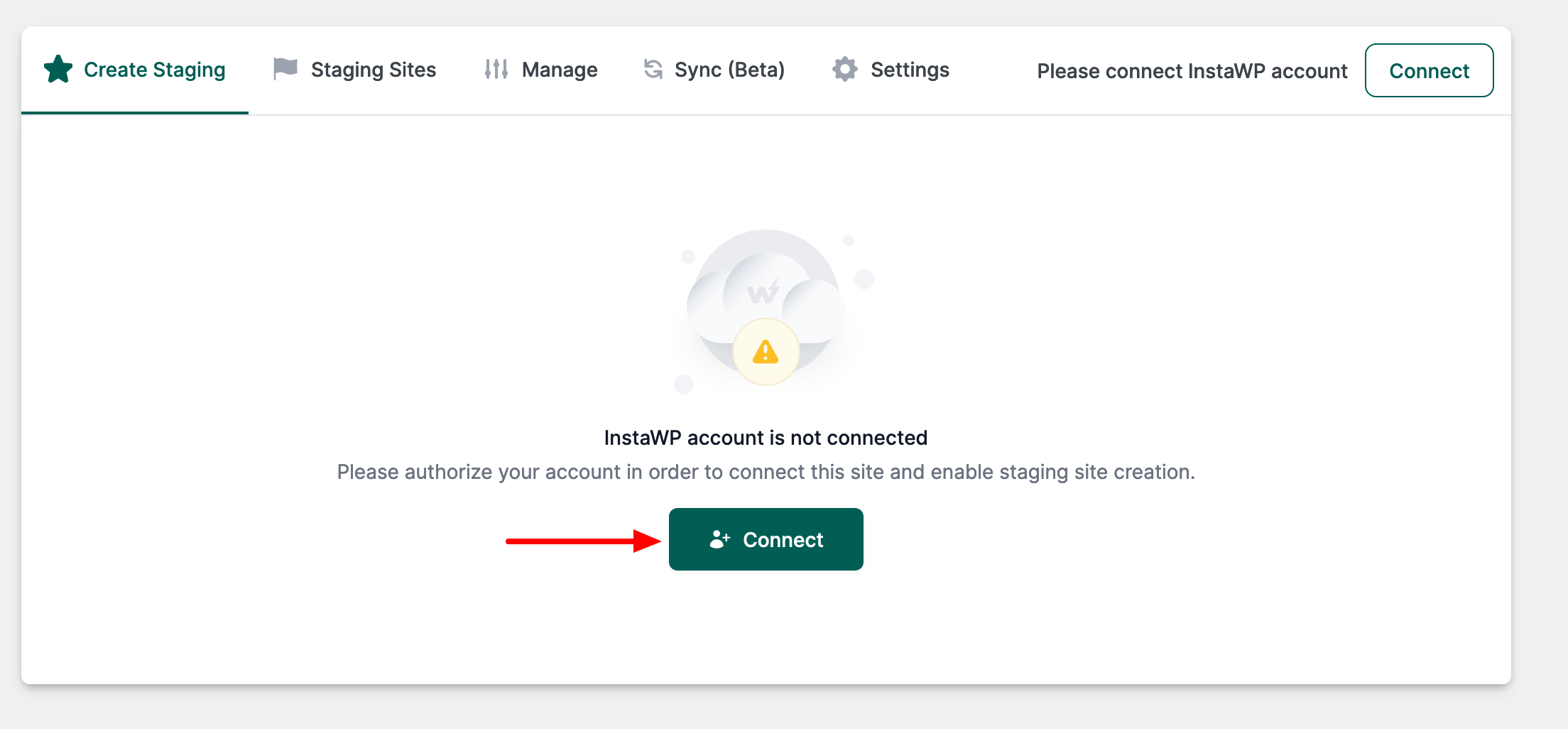 Connecting your InstaWP account to create a staging site.