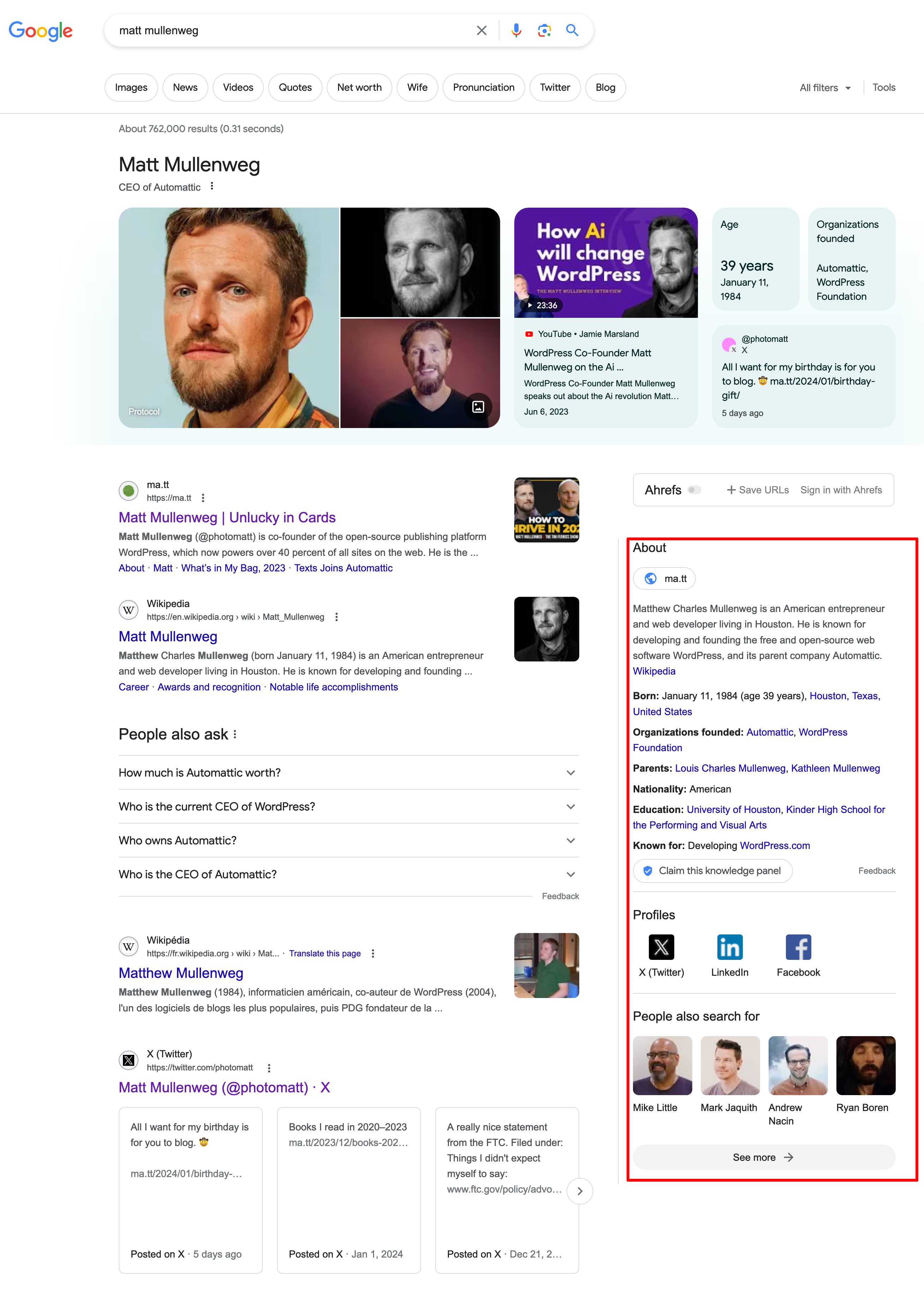 Google search results for Matt Mullenweg, the co-creator of WordPress.