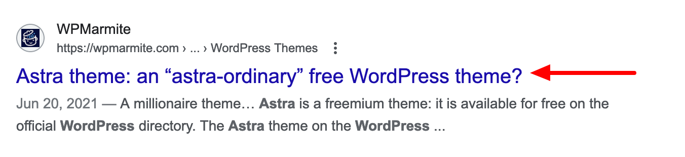 The SEO title for the WPMarmite article on the Astra theme.