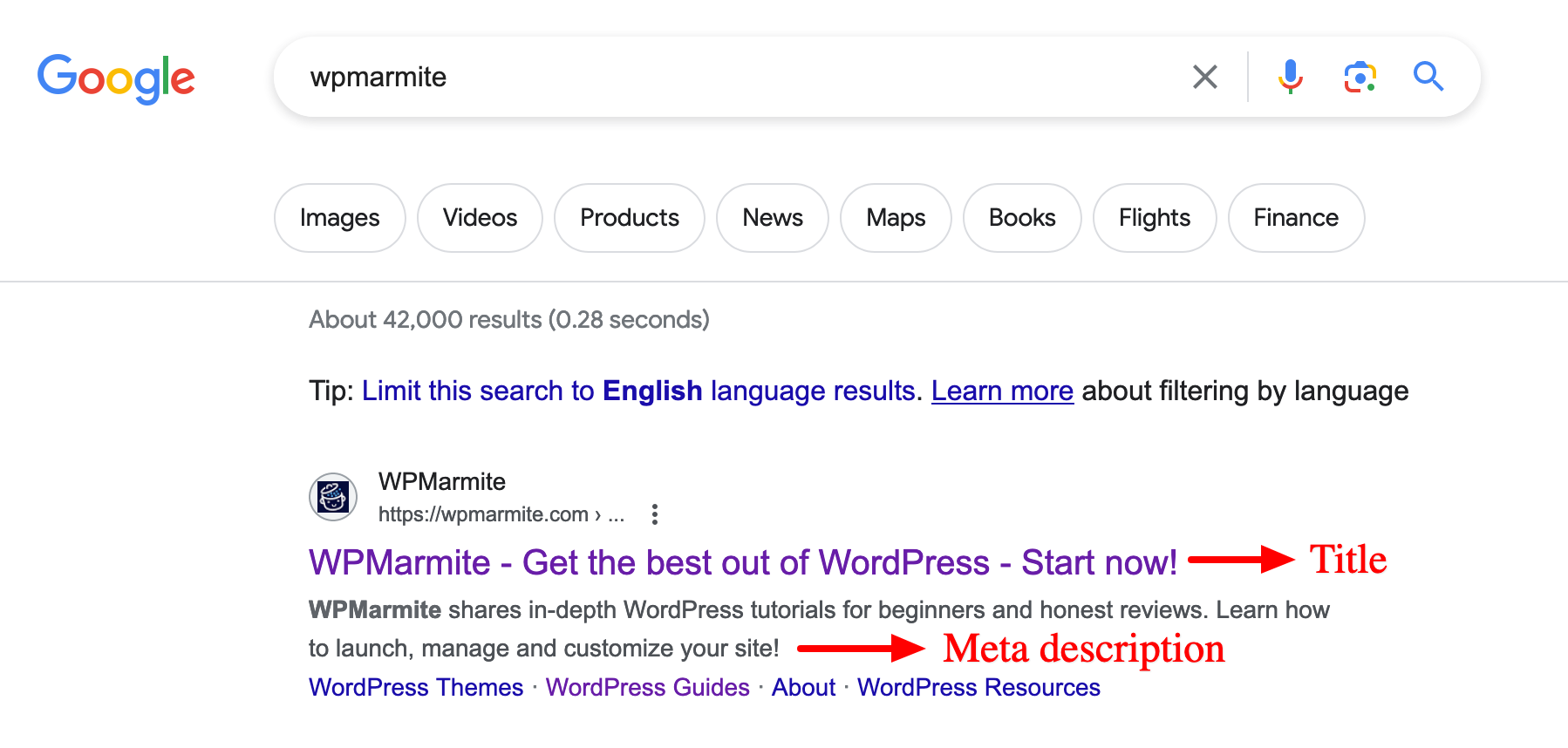 WPMarmite in the search results of Google with the title and the meta description from Yoast SEO.