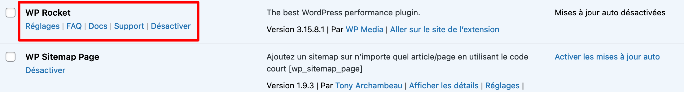 L'extension WP Rocket est activée sur le back office de WordPress. 
