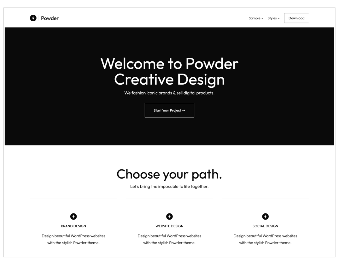 Page d'accueil du thème WordPress Powder.