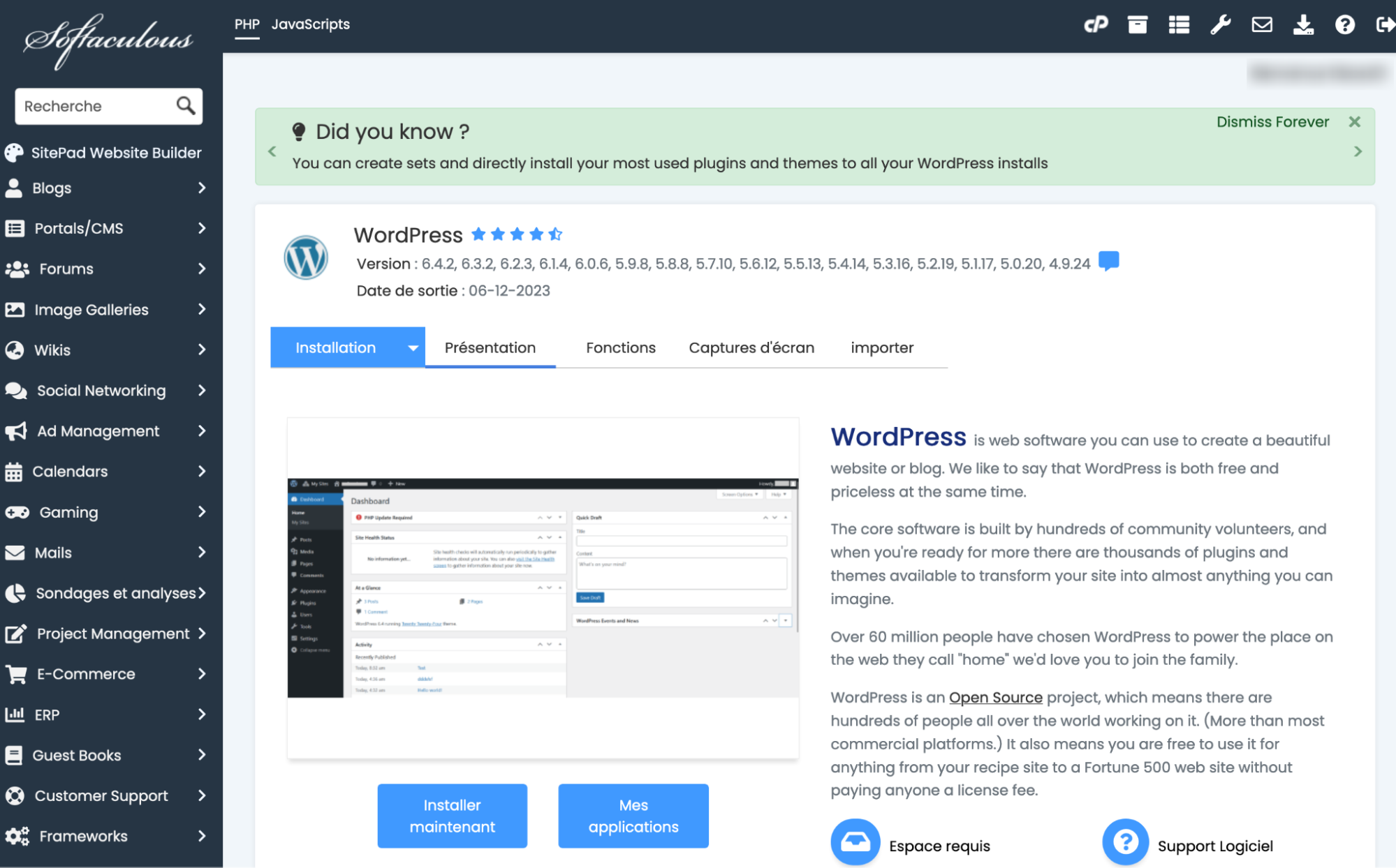 Installation automatique de WordPress via Softaculous.