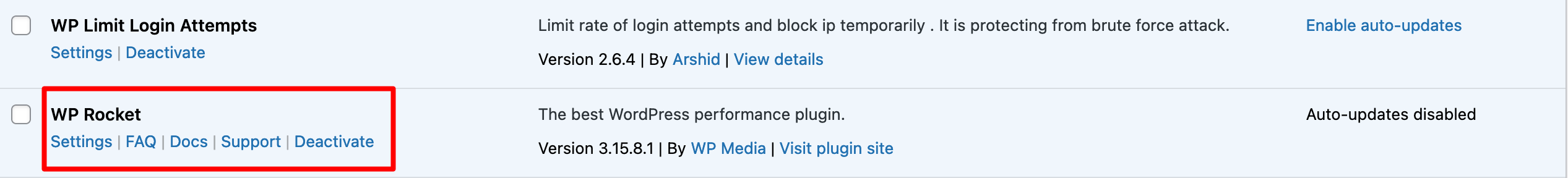 WP Rocket's plugin activated on the WordPress dashboard.
