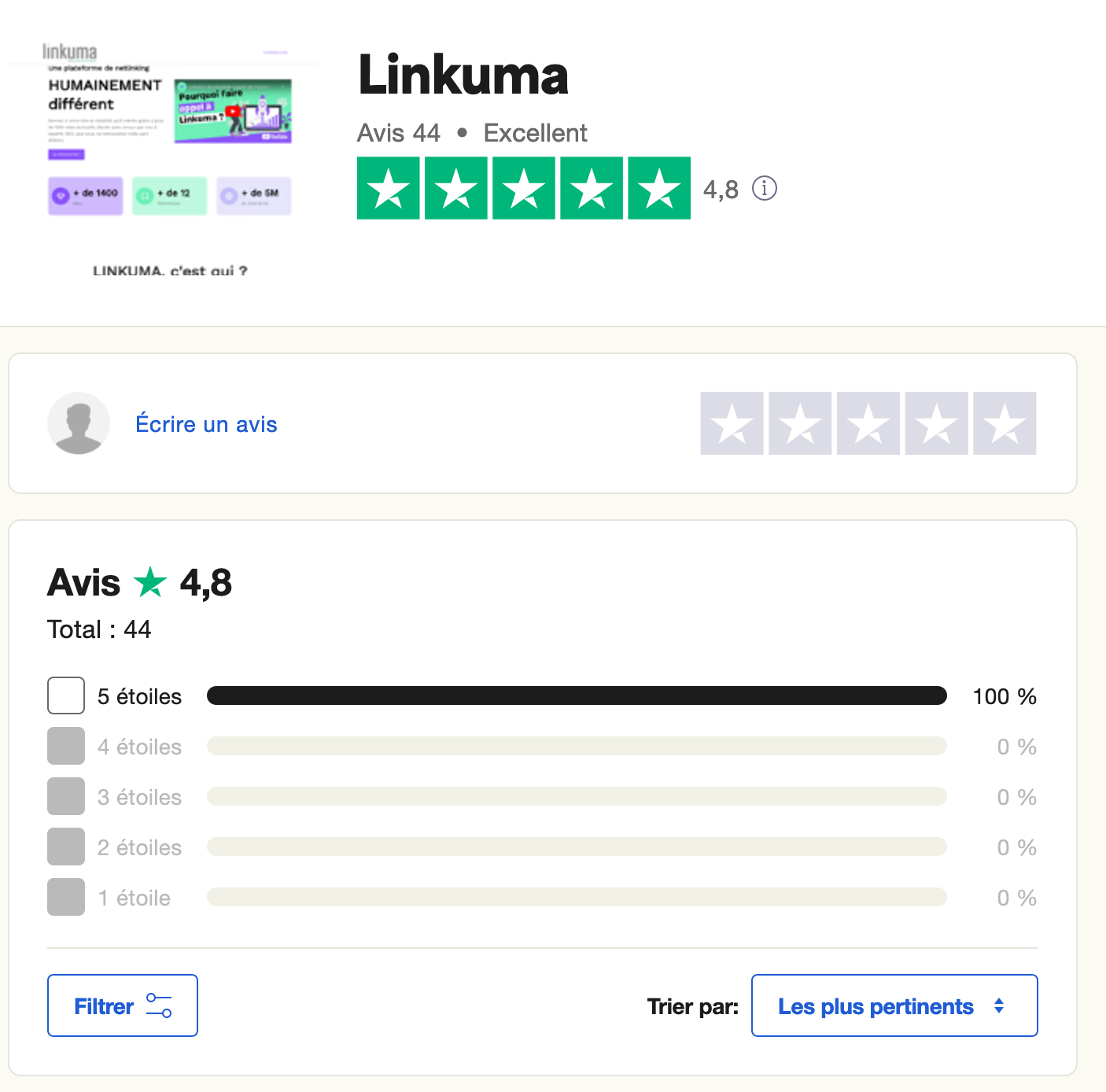 Les avis clients sur Linkuma de Trustpilot.