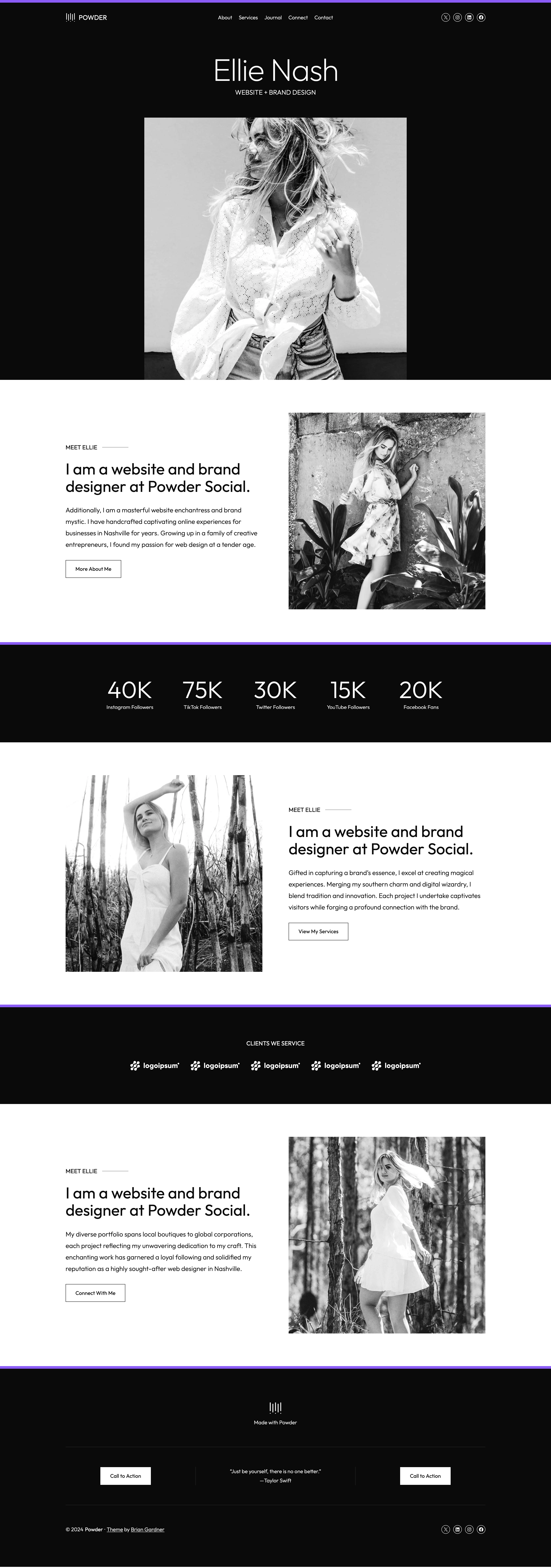 The home page of the Powder Social child theme.