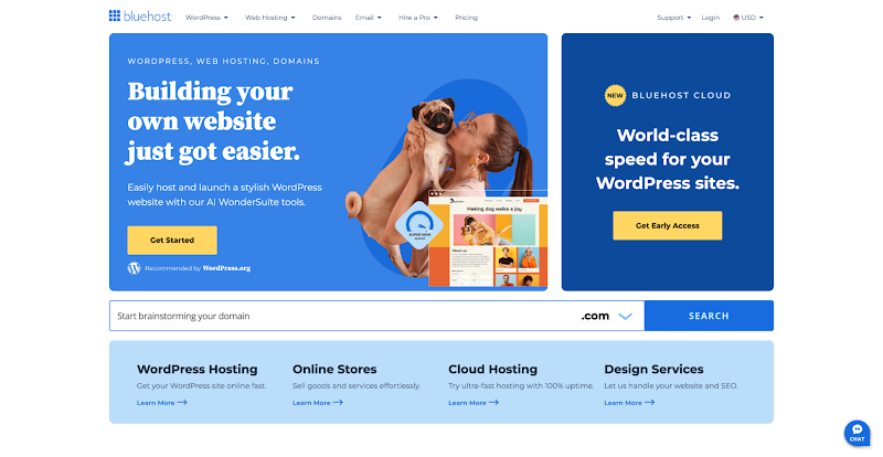 WordPress hosting with Bluehost.