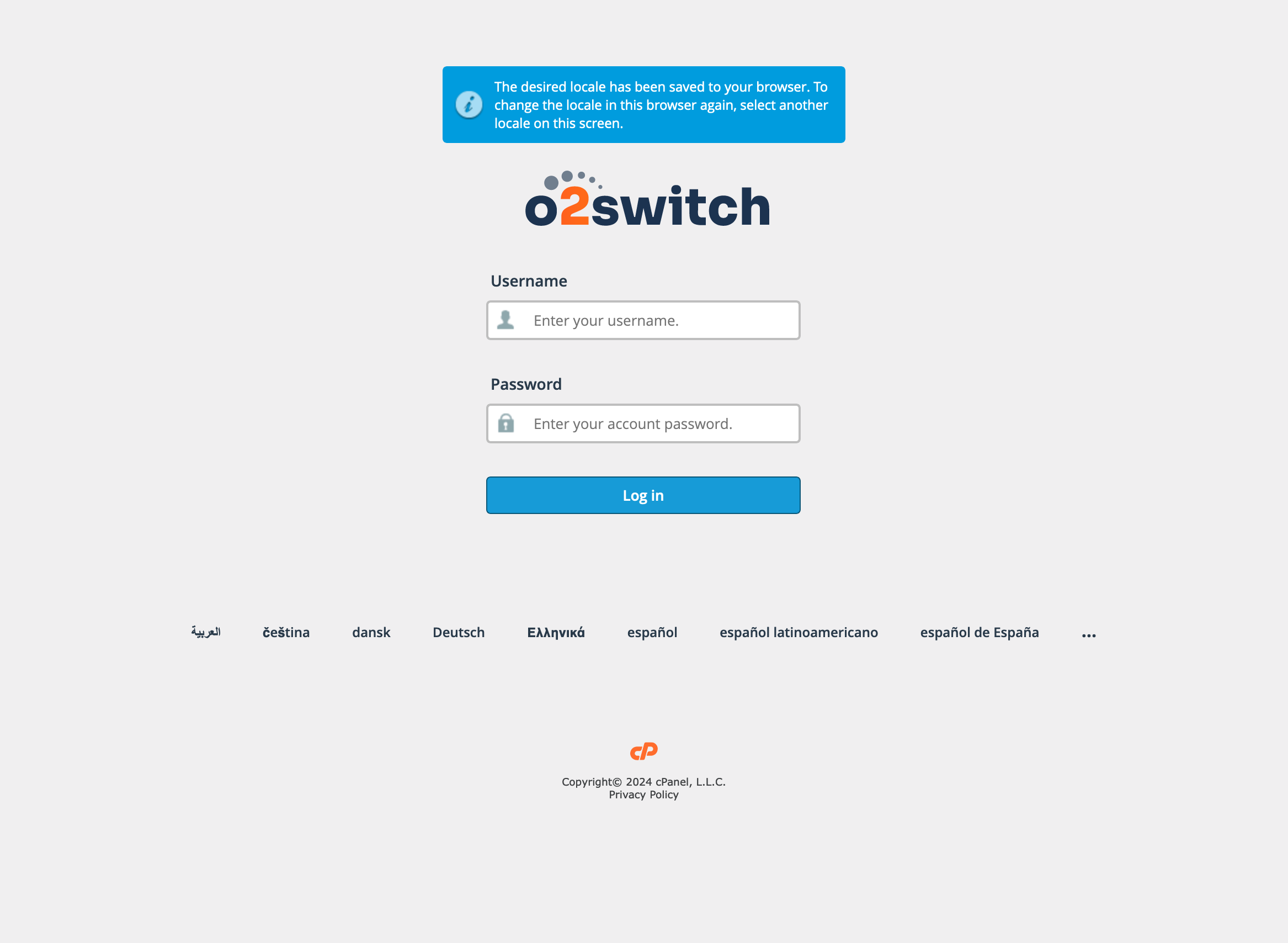 The login page for o2switch.