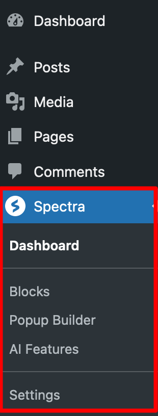 The Spectra menu in your WordPress sidebar.