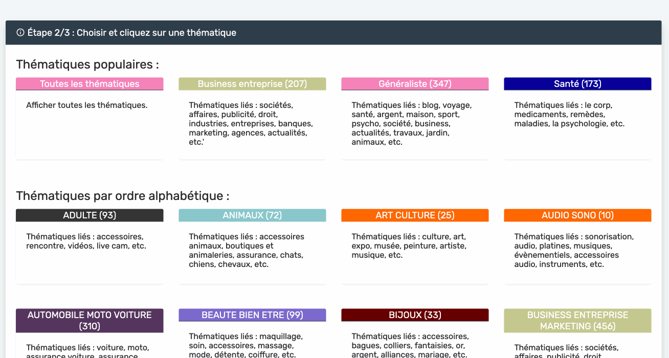Les thématiques proposées par la plateforme de netlinking Linksgarden.